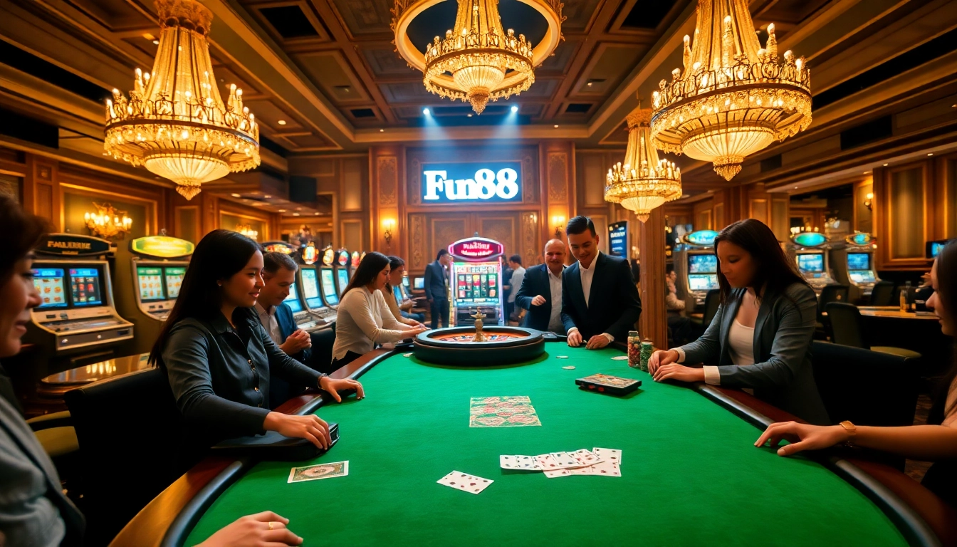 Experience the excitement of fun88.com with players enjoying poker and vibrant casino action.
