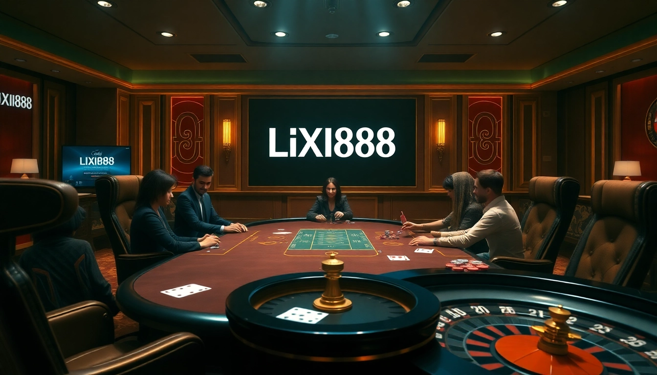 Experience the excitement of lixi88 com with a luxurious online casino setting featuring poker tables and chips.