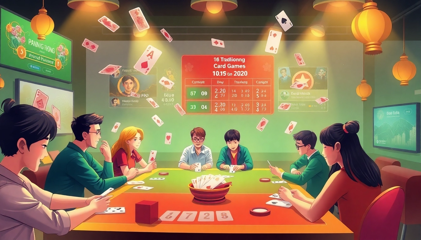 Vibrant illustration of diverse players engaged in virtual card games on gamebaidoithuong.com.vc, showcasing excitement and user-friendly gameplay.