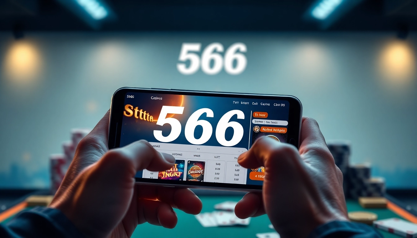 User engaging with the 566 online casino app on a smartphone, showcasing a vibrant gaming experience.