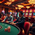 SUNCITY888 players enjoying high-stakes poker and vibrant slot machines in a luxurious casino atmosphere
