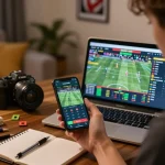 Engaging in sports betting on https://lu88live.com/ with a smartphone and laptop in a cozy home setting.