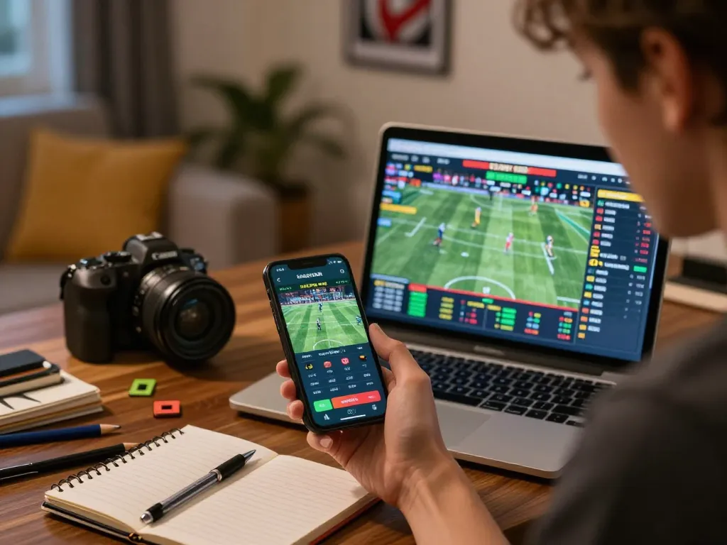 Engaging in sports betting on https://lu88live.com/ with a smartphone and laptop in a cozy home setting.