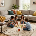 Enjoying quality family time on affordable carpets London in a cozy living room.