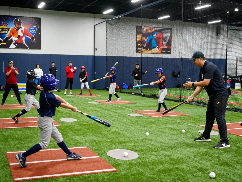 Hit club baseball players training indoors, demonstrating teamwork and skill development.