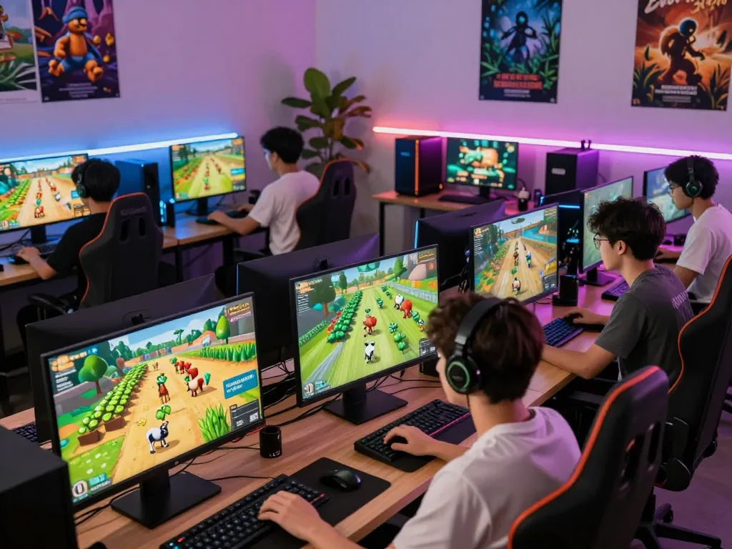 Gamers at https://1gom.farm/ engaging in vibrant farming simulation, showcasing lively online community.