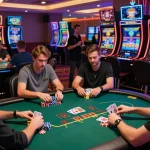 Vibrant online casino scene featuring nk88 poker game with players, chips, and colorful slot machines.