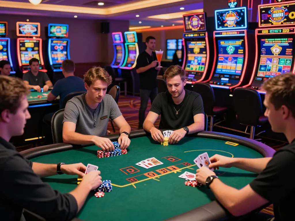 Vibrant online casino scene featuring nk88 poker game with players, chips, and colorful slot machines.