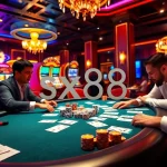 SX88 casino scene with live dealer and players at a poker table, showcasing excitement.
