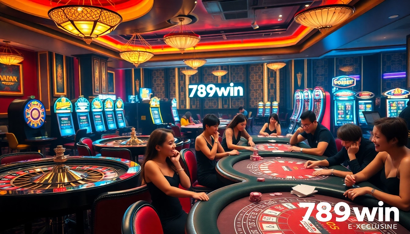Players experiencing excitement at 789win casino, enjoying vibrant slot machines and poker games.