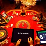 Players engaging at a luxurious casino table featuring the 8DAY.COM online interface, showcasing excitement in gambling.