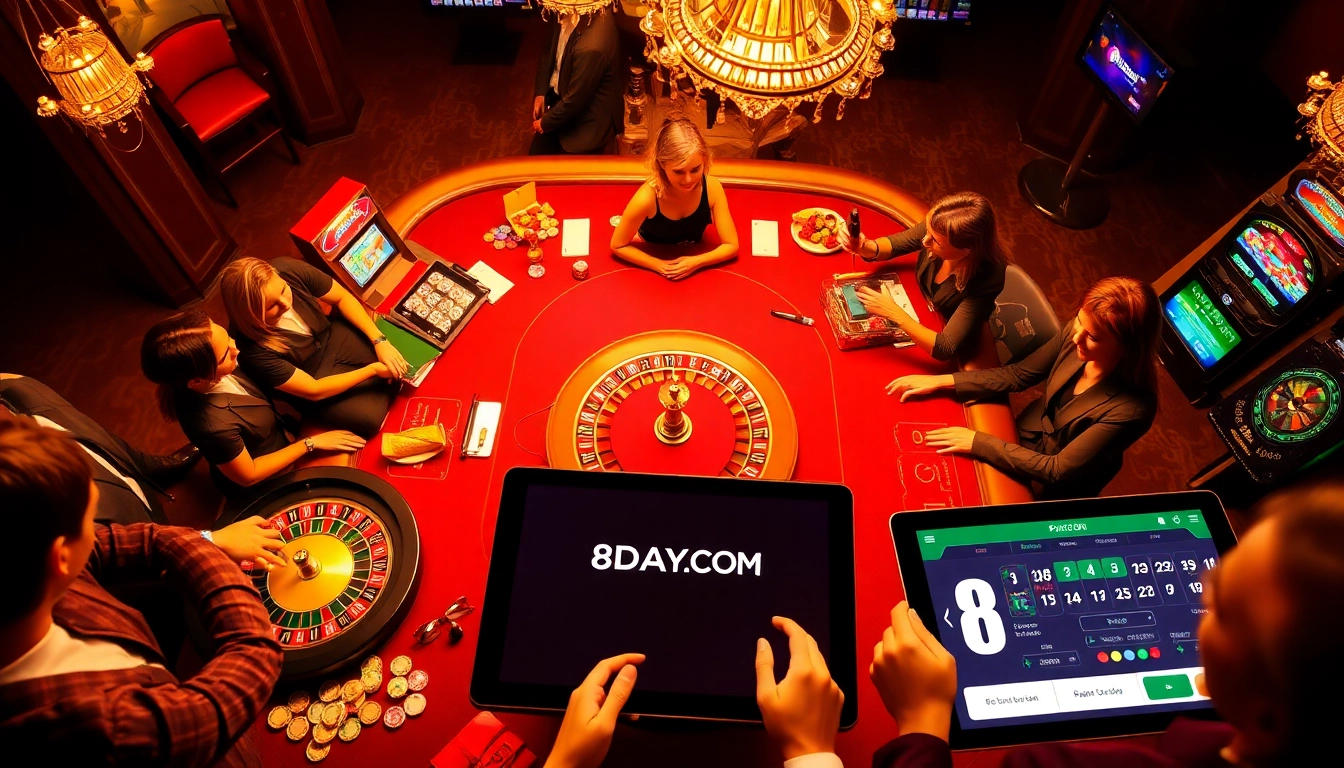 Players engaging at a luxurious casino table featuring the 8DAY.COM online interface, showcasing excitement in gambling.