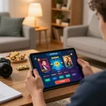 Engaging online casino gameplay on a tablet at home, illustrating the modern gaming experience at https://sky88live.com/ with cozy decor.