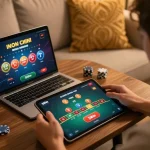 Player enjoying an exciting blackjack game on 3Win tablet, illustrating strategic betting in a cozy home.