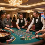 Excited players betting at the NK88 roulette table in a luxurious casino atmosphere