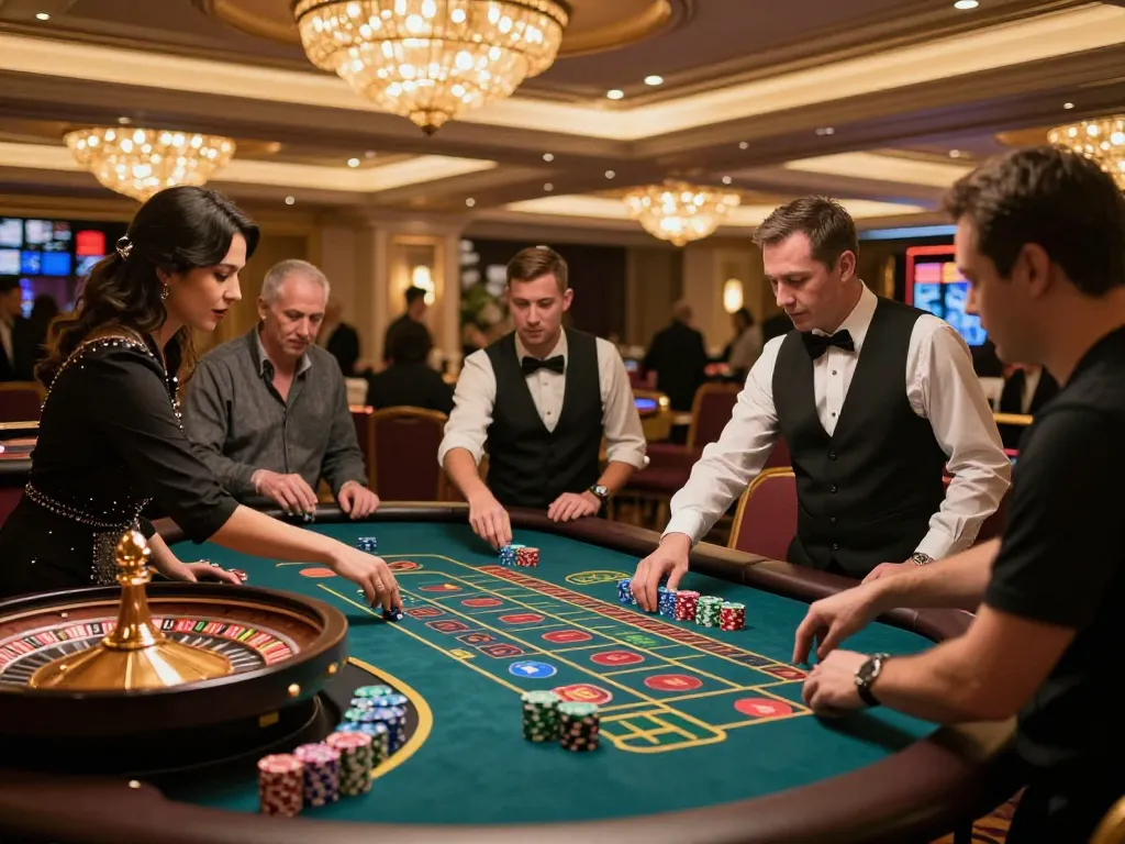 Excited players betting at the NK88 roulette table in a luxurious casino atmosphere