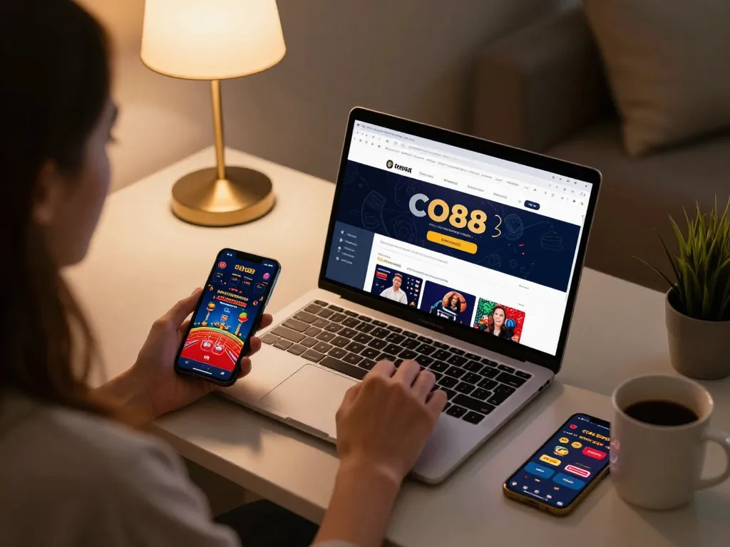 Engaged player using CO88 online casino platform on a laptop in a cozy home setting.