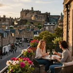 airbnb management edinburgh showcasing a stylish rental with guests enjoying the city views in golden hour light