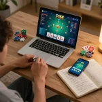 C168 game interface on a laptop during an online poker session in a cozy home setting.