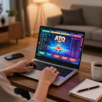 Player engaging with ATQ az88 online casino game, showcasing immersive gameplay experience in a modern home setup.