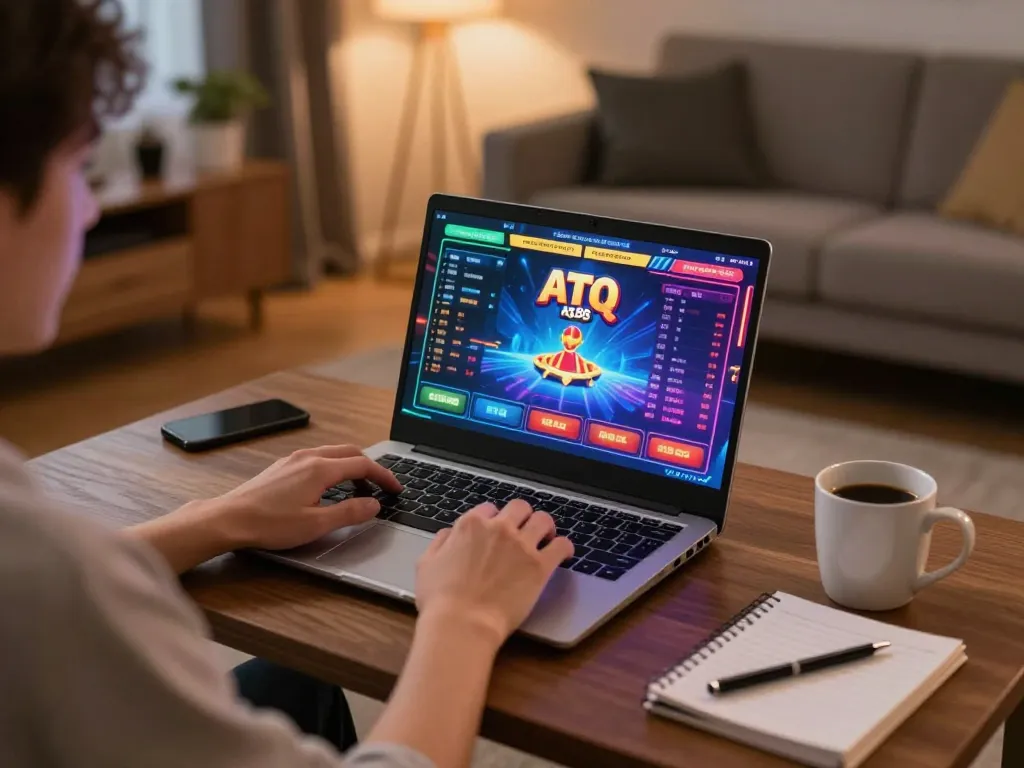 Player engaging with ATQ az88 online casino game, showcasing immersive gameplay experience in a modern home setup.