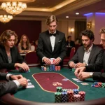 Players engaged in a strategic poker game at the casino table, showcasing keo nha cai betting strategies and focused interactions.