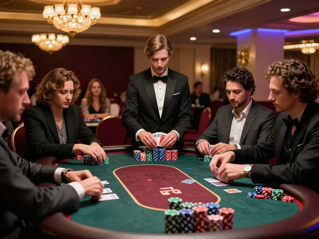 Players engaged in a strategic poker game at the casino table, showcasing keo nha cai betting strategies and focused interactions.