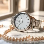 Admiring the timeless design of the Ladies Classic Smart Watch with pearl accents and elegance.