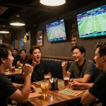 Exciting sports betting scene at mm88.green, with patrons placing bets and cheering in a lively sports bar atmosphere.