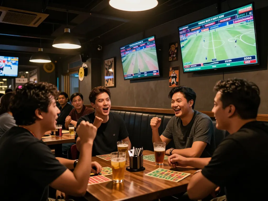 Exciting sports betting scene at mm88.green, with patrons placing bets and cheering in a lively sports bar atmosphere.