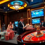 Dynamic gaming atmosphere at Nhà Cái 68VIP with casino tables and vibrant slot machines.