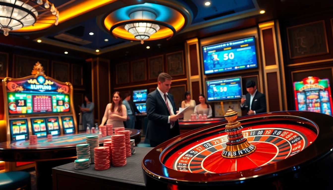 Dynamic gaming atmosphere at Nhà Cái 68VIP with casino tables and vibrant slot machines.