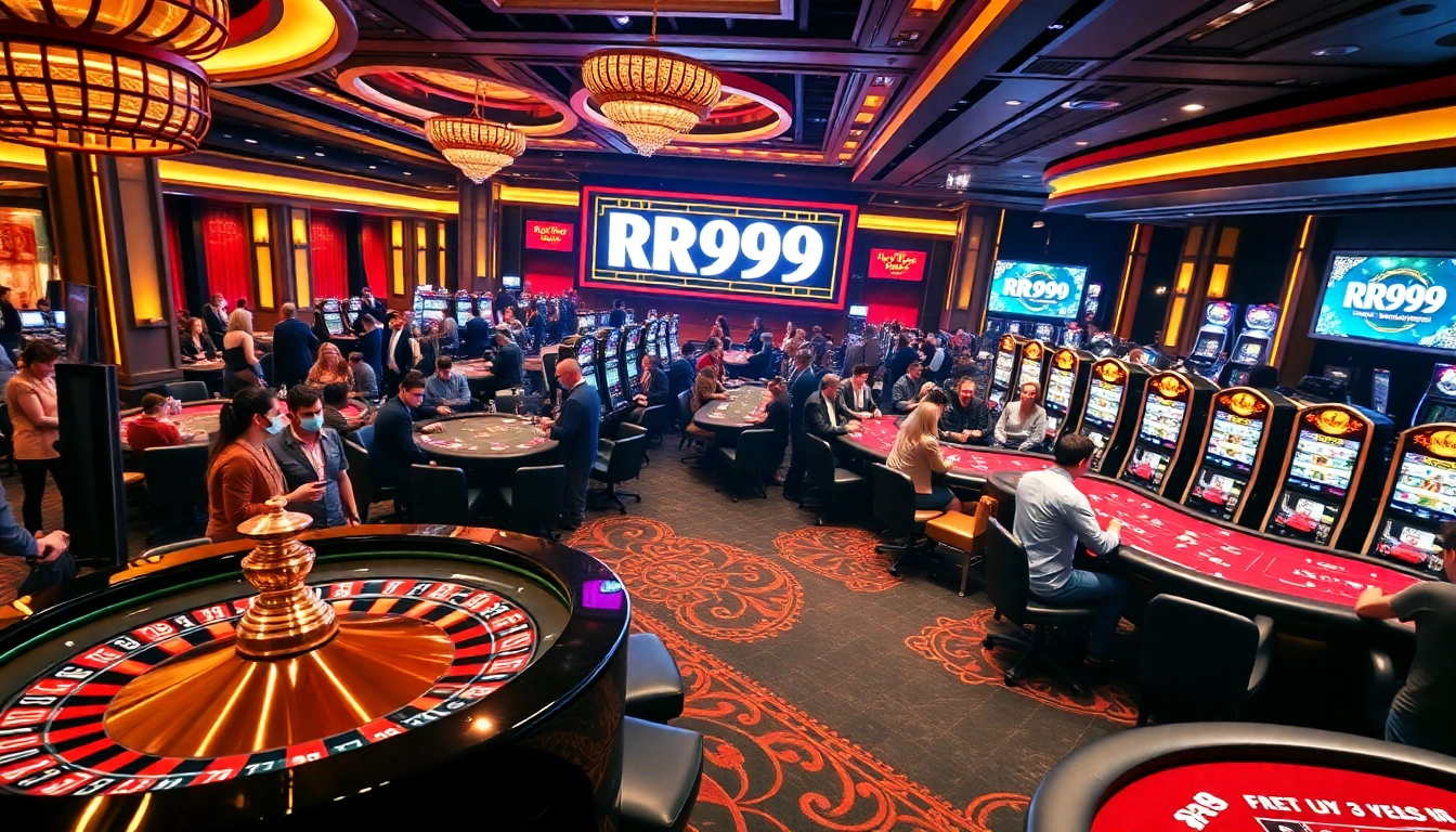 Gambling enthusiasts enjoying immersive games at RR999 casino with vibrant atmosphere and luxurious design.