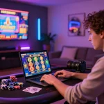 Exciting scene featuring tk88 online gaming setup with vibrant slots and poker accessories