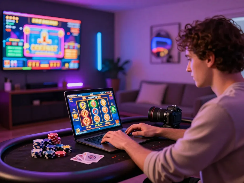 Exciting scene featuring tk88 online gaming setup with vibrant slots and poker accessories