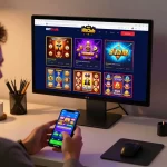 Player exploring slot games on Hitclub app in cozy home setting for exciting online gambling experience