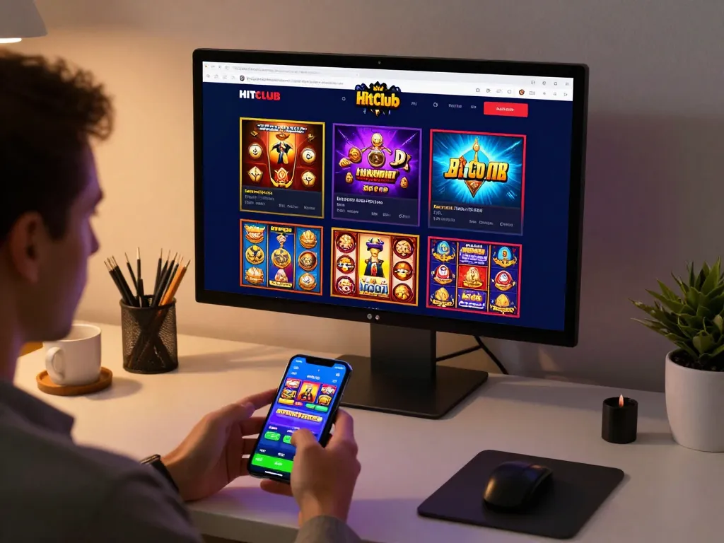 Player exploring slot games on Hitclub app in cozy home setting for exciting online gambling experience