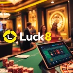 Luck8 casino scene featuring poker tables, roulette wheel, and vibrant online gaming interface.