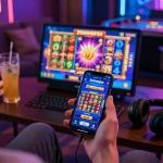 Player enjoying the Zumospin app with vibrant slot games on display in a cozy gaming nook