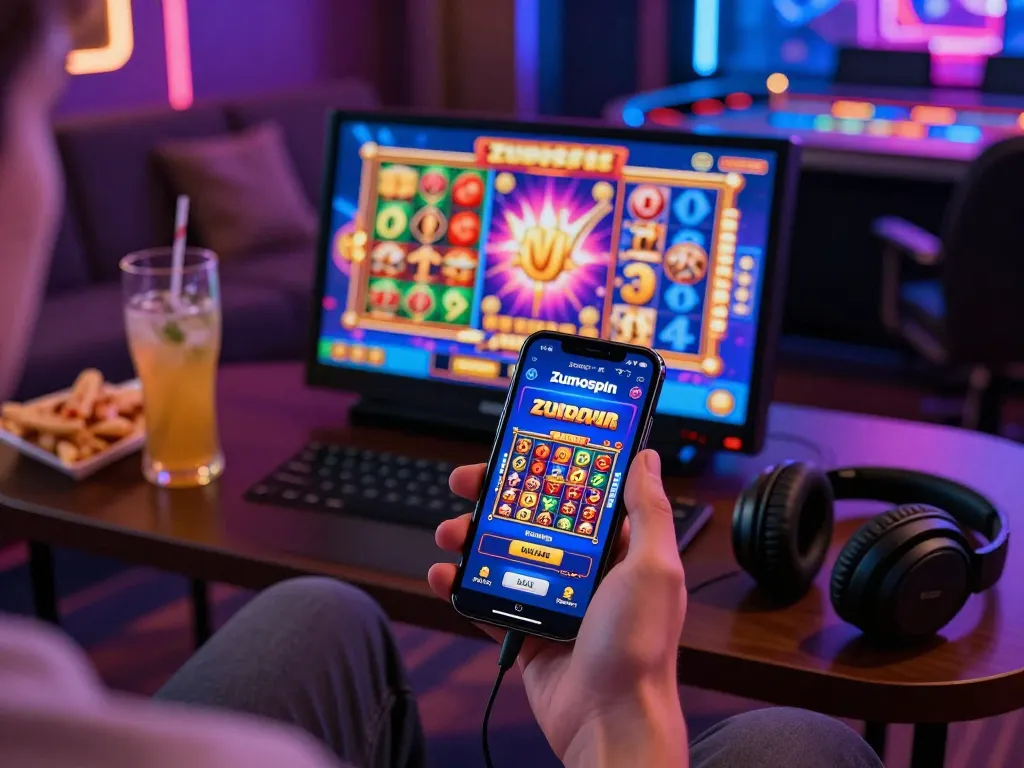 Player enjoying the Zumospin app with vibrant slot games on display in a cozy gaming nook