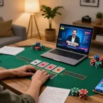 Player engaging in an NK88 live dealer blackjack game on a laptop in a cozy gaming setup, showcasing online gambling strategy.