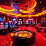 A luxurious casino interior featuring slots, a poker table, and a roulette wheel highlighting TG88.COM's vibrant gaming environment.