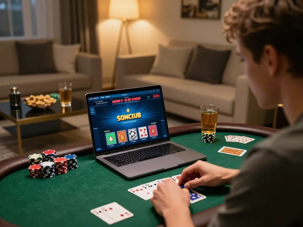 Engaged player strategizing on Sonclub online casino from home with poker interface.