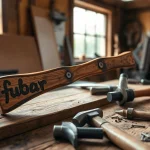 Fubar wrecking bar displayed on a workbench with tools, showcasing its rugged design and utility.