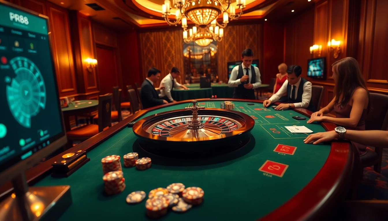 Engage with the excitement of đăng ký rr88 at a luxurious casino gaming table filled with chips and a roulette wheel.