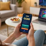 Engaging GG88 đăng nhập view on a smartphone showcasing vibrant casino app interface in cozy home setting