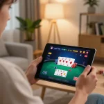 Engaging in online gaming at home on trang chủ nk88 with a tablet and friendly atmosphere.