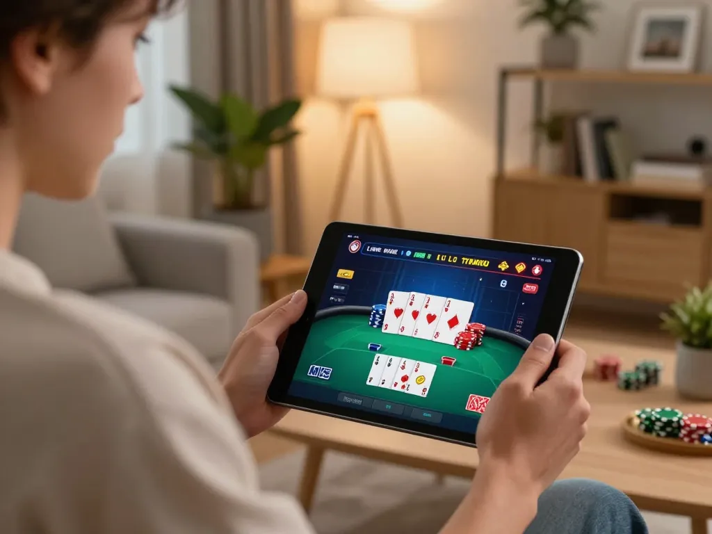 Engaging in online gaming at home on trang chủ nk88 with a tablet and friendly atmosphere.