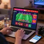 Engaging BK8 online gambling scene with user enjoying live betting and casino games at home.