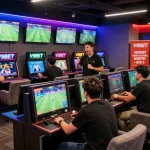 V9BET players enjoying live sports betting at a vibrant gaming lounge with exciting promotions.